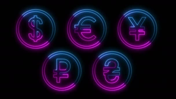 Dynamische Leuchteffekte Der Konturen Von Währungen Auf Schwarzem Hintergrund Neon — Stockvideo