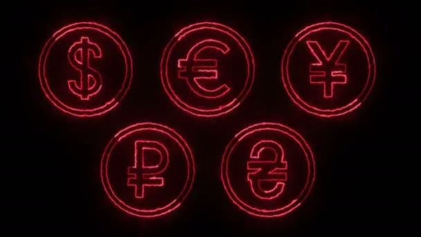 Dynamische Leuchteffekte Der Konturen Von Währungen Auf Schwarzem Hintergrund Neon — Stockvideo