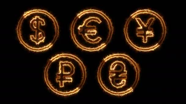 Dynamic Glow Effects Contours Currencies Black Background Neon Design Elements — Stock Video