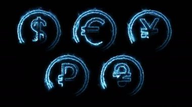 Dynamic glow effects of contours of currencies on a black background. Neon design elements. Futuristic glowing background. Can be used to create a variety of presentations, news, online media, social media and vibrant backgrounds. Looped 