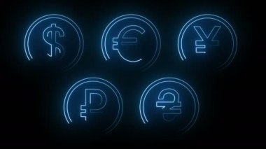 Dynamic glow effects of contours of currencies on a black background. Neon design elements. Futuristic glowing background. Can be used to create a variety of presentations, news, online media, social media and vibrant backgrounds. Looped 