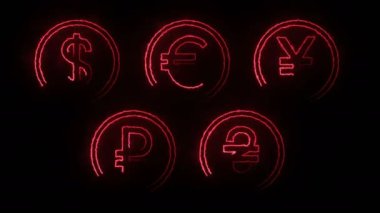 Dynamic glow effects of contours of currencies on a black background. Neon design elements. Futuristic glowing background. Can be used to create a variety of presentations, news, online media, social media and vibrant backgrounds. Looped 