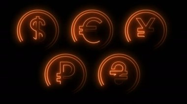 Dynamic glow effects of contours of currencies on a black background. Neon design elements. Futuristic glowing background. Can be used to create a variety of presentations, news, online media, social media and vibrant backgrounds. Looped 