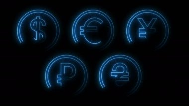 Dynamic glow effects of contours of currencies on a black background. Neon design elements. Futuristic glowing background. Can be used to create a variety of presentations, news, online media, social media and vibrant backgrounds. Looped 