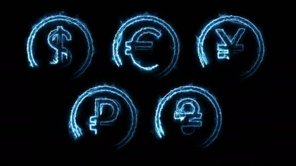 Dynamic Glow Effects Contours Currencies Black Background Neon Design Elements — Stok video