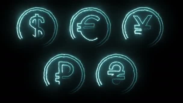 Dynamic Glow Effects Contours Currencies Black Background Neon Design Elements — Stok video