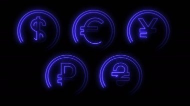 Dynamic glow effects of contours of currencies on a black background. Neon design elements. Futuristic glowing background. Can be used to create a variety of presentations, news, online media, social media and vibrant backgrounds. Looped 