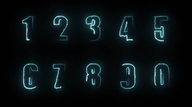 Siyah bir arkaplanda üç boyutlu sayı hatlarının parıltısı. Neon tasarım elementleri. Çeşitli sunumlar, haberler, çevrimiçi medya, sosyal medya ve canlı arka planlar yaratmak için kullanılabilir