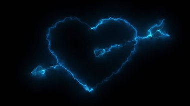 Siyah bir zemin üzerinde aşk tanrısı oku tarafından delinmiş bir kalbin dış hatlarının 3 boyutlu ışıltılı efektleri. Neon tasarım elementleri. Çeşitli sunumlar, haberler, çevrimiçi medya, sosyal medya ve canlı arka planlar yaratmak için kullanılabilir