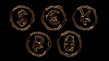 Siyah arka planda para birimlerinin dış hatlarının 3 boyutlu yansıması. Neon tasarım elementleri. Çeşitli sunumlar, haberler, çevrimiçi medya, sosyal medya ve canlı arka planlar yaratmak için kullanılabilir