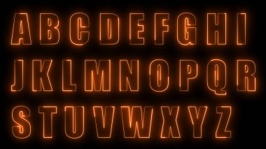 Siyah arka planda İngiliz alfabesindeki büyük harflerin dış hatlarının 3 boyutlu parlama efektleri. Neon tasarım elementleri. Çeşitli sunumlar, haberler, çevrimiçi medya, sosyal medya ve canlı arka planlar yaratmak için kullanılabilir