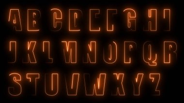Siyah arka planda İngiliz alfabesindeki büyük harflerin dış hatlarının 3 boyutlu parlama efektleri. Neon tasarım elementleri. Çeşitli sunumlar, haberler, çevrimiçi medya, sosyal medya ve canlı arka planlar yaratmak için kullanılabilir