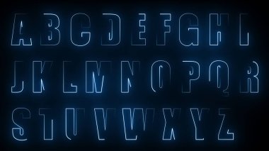 Siyah arka planda İngiliz alfabesindeki büyük harflerin dış hatlarının 3 boyutlu parlama efektleri. Neon tasarım elementleri. Çeşitli sunumlar, haberler, çevrimiçi medya, sosyal medya ve canlı arka planlar yaratmak için kullanılabilir