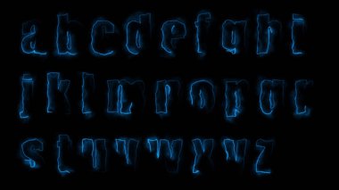 Siyah bir zemin üzerinde İngiliz alfabesinin küçük harflerinin dış hatlarının 3 boyutlu parıltı efektleri. Neon tasarım elementleri. Çeşitli sunumlar, haberler, çevrimiçi medya, sosyal medya ve canlı arka planlar yaratmak için kullanılabilir