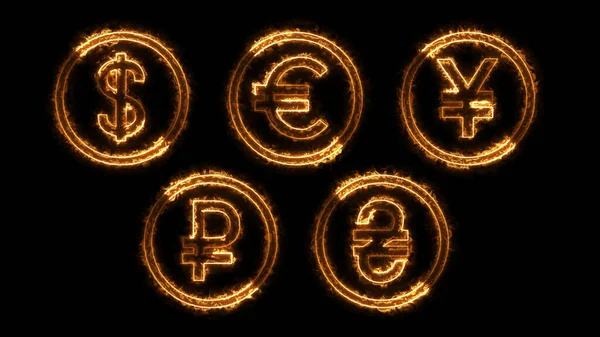 3D rendering glow effects of contours of currencies on a black background. Neon design elements. Can be used to create a variety of presentations, news, online media, social media and vibrant backgrounds