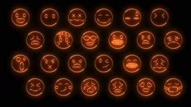24 emoji yüzlü dinamik parlaklık efektleri. Neon duygusal işaretler. Geleceğin parlayan web karakterleri. Çeşitli sunumlar, haberler, çevrimiçi medya ve sosyal ağlar oluşturmak için kullanılabilirler. Döngülü