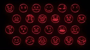 24 emoji yüzlü dinamik parlaklık efektleri. Neon duygusal işaretler. Geleceğin parlayan web karakterleri. Çeşitli sunumlar, haberler, çevrimiçi medya ve sosyal ağlar oluşturmak için kullanılabilirler. Döngülü