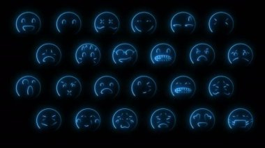 24 emoji yüzlü dinamik parlaklık efektleri. Neon duygusal işaretler. Geleceğin parlayan web karakterleri. Çeşitli sunumlar, haberler, çevrimiçi medya ve sosyal ağlar oluşturmak için kullanılabilirler. Döngülü