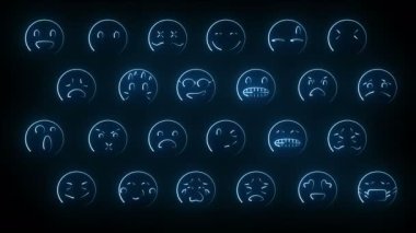 24 emoji yüzlü dinamik parlaklık efektleri. Neon duygusal işaretler. Geleceğin parlayan web karakterleri. Çeşitli sunumlar, haberler, çevrimiçi medya ve sosyal ağlar oluşturmak için kullanılabilirler. Döngülü