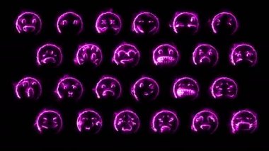 24 emoji yüzlü dinamik parlaklık efektleri. Neon duygusal işaretler. Geleceğin parlayan web karakterleri. Çeşitli sunumlar, haberler, çevrimiçi medya ve sosyal ağlar oluşturmak için kullanılabilirler. Döngülü