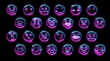 24 emoji yüzlü dinamik parlaklık efektleri. Neon duygusal işaretler. Geleceğin parlayan web karakterleri. Çeşitli sunumlar, haberler, çevrimiçi medya ve sosyal ağlar oluşturmak için kullanılabilirler. Döngülü