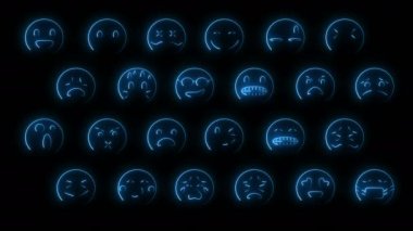24 emoji yüzlü dinamik parlaklık efektleri. Neon duygusal işaretler. Geleceğin parlayan web karakterleri. Çeşitli sunumlar, haberler, çevrimiçi medya ve sosyal ağlar oluşturmak için kullanılabilirler. Döngülü