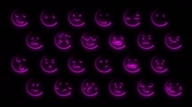 24 emoji yüzlü dinamik parlaklık efektleri. Neon duygusal işaretler. Geleceğin parlayan web karakterleri. Çeşitli sunumlar, haberler, çevrimiçi medya ve sosyal ağlar oluşturmak için kullanılabilirler. Döngülü
