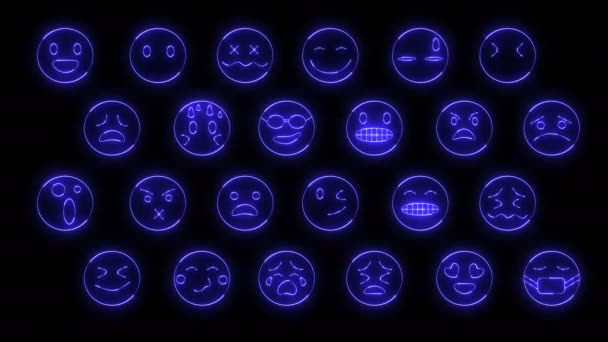 Dynamiska Glöd Effekter Uppsättning Emoji Ansikten Neon Känslomässiga Tecken Futuristiska — Stockvideo