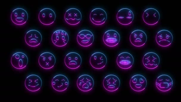 Dynamiczne Efekty Świetlne Zestaw Emotikony Twarzy Neonowe Oznaki Emocjonalne Futurystyczne — Wideo stockowe