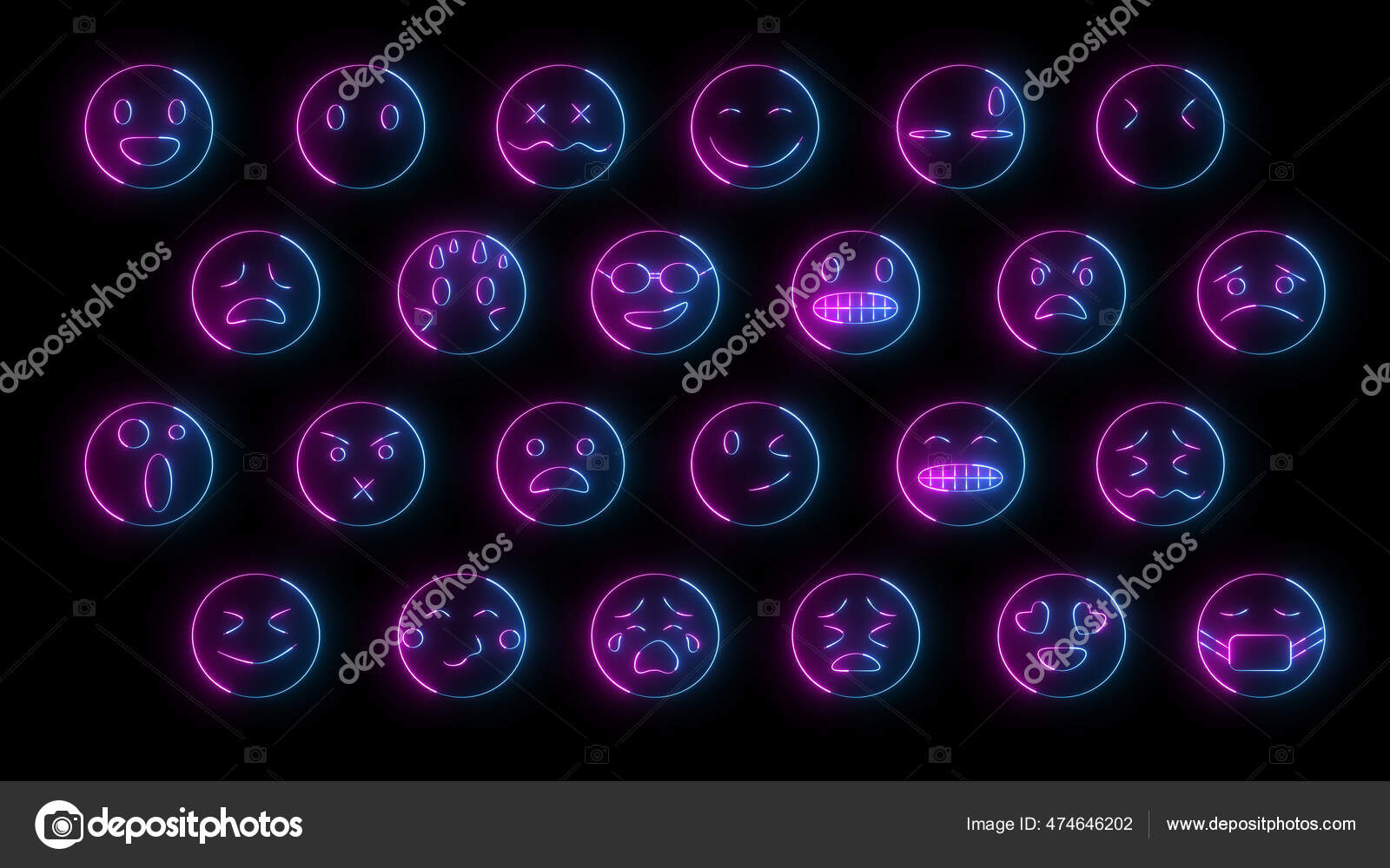 Rendering Set Emoji Glow Effects Neon Emotional Signs Futuristic ...