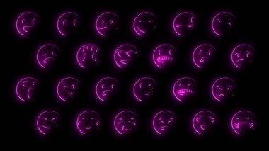 Parlak efektli 24 emojiden oluşan 3D görüntüleme. Neon duygusal işaretler. Geleceğin parlayan web karakterleri. Çeşitli sunumlar, haberler, çevrimiçi medya ve sosyal ağlar oluşturmak için kullanılabilirler.