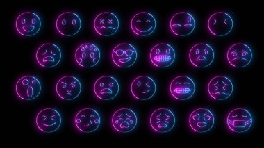 Parlak efektli 24 emojiden oluşan 3D görüntüleme. Neon duygusal işaretler. Geleceğin parlayan web karakterleri. Çeşitli sunumlar, haberler, çevrimiçi medya ve sosyal ağlar oluşturmak için kullanılabilirler.