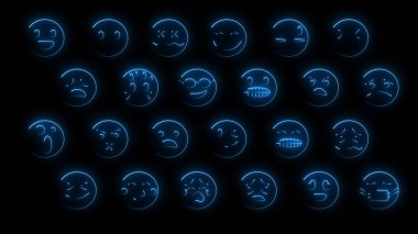 Parlak efektli 24 emojiden oluşan 3D görüntüleme. Neon duygusal işaretler. Geleceğin parlayan web karakterleri. Çeşitli sunumlar, haberler, çevrimiçi medya ve sosyal ağlar oluşturmak için kullanılabilirler.