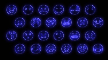 Parlak efektli 24 emojiden oluşan 3D görüntüleme. Neon duygusal işaretler. Geleceğin parlayan web karakterleri. Çeşitli sunumlar, haberler, çevrimiçi medya ve sosyal ağlar oluşturmak için kullanılabilirler.