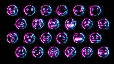 Parlak efektli 24 emojiden oluşan 3D görüntüleme. Neon duygusal işaretler. Geleceğin parlayan web karakterleri. Çeşitli sunumlar, haberler, çevrimiçi medya ve sosyal ağlar oluşturmak için kullanılabilirler.