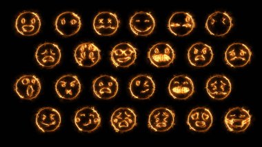 Parlak efektli 24 emojiden oluşan 3D görüntüleme. Neon duygusal işaretler. Geleceğin parlayan web karakterleri. Çeşitli sunumlar, haberler, çevrimiçi medya ve sosyal ağlar oluşturmak için kullanılabilirler.