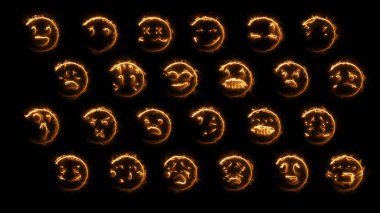 Parlak efektli 24 emojiden oluşan 3D görüntüleme. Neon duygusal işaretler. Geleceğin parlayan web karakterleri. Çeşitli sunumlar, haberler, çevrimiçi medya ve sosyal ağlar oluşturmak için kullanılabilirler.