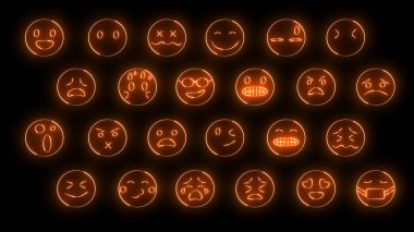 Parlak efektli 24 emojiden oluşan 3D görüntüleme. Neon duygusal işaretler. Geleceğin parlayan web karakterleri. Çeşitli sunumlar, haberler, çevrimiçi medya ve sosyal ağlar oluşturmak için kullanılabilirler.