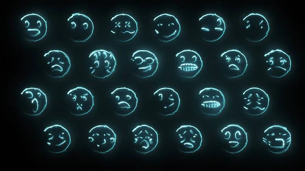 3D rendering of a set of 24 emoji with glow effects. Neon emotional signs. Futuristic glowing web characters. They can be used to create various presentations, news, online media, social networks