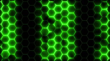 Soyut fütüristik altıgen örgü ve ışık efektlerinin 3 boyutlu yorumlanması. Sunumlar, haberler, çevrimiçi ortam için arkaplan olarak kullanılabilir