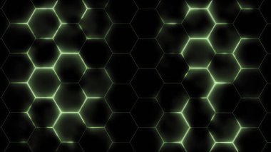 Soyut fütüristik altıgen örgü ve ışık efektlerinin 3 boyutlu yorumlanması. Sunumlar, haberler, çevrimiçi ortam için arkaplan olarak kullanılabilir