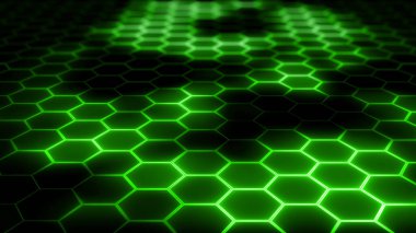 Soyut fütüristik altıgen örgü ve ışık efektlerinin 3 boyutlu yorumlanması. Sunumlar, haberler, çevrimiçi ortam için arkaplan olarak kullanılabilir