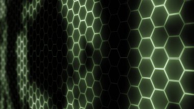 Soyut fütüristik altıgen örgü ve ışık efektlerinin 3 boyutlu yorumlanması. Sunumlar, haberler, çevrimiçi ortam için arkaplan olarak kullanılabilir