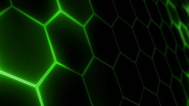 Soyut fütüristik altıgen örgü ve ışık efektlerinin 3 boyutlu yorumlanması. Sunumlar, haberler, çevrimiçi ortam için arkaplan olarak kullanılabilir