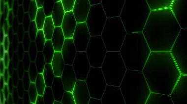 Soyut fütüristik altıgen örgü ve ışık efektlerinin 3 boyutlu yorumlanması. Sunumlar, haberler, çevrimiçi ortam için arkaplan olarak kullanılabilir