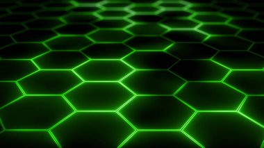 Soyut fütüristik altıgen örgü ve ışık efektlerinin 3 boyutlu yorumlanması. Sunumlar, haberler, çevrimiçi ortam için arkaplan olarak kullanılabilir