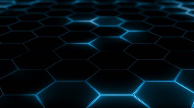 Soyut fütüristik altıgen örgü ve ışık efektlerinin 3 boyutlu yorumlanması. Sunumlar, haberler, çevrimiçi ortam için arkaplan olarak kullanılabilir