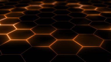 Soyut fütüristik altıgen örgü ve ışık efektlerinin 3 boyutlu yorumlanması. Sunumlar, haberler, çevrimiçi ortam için arkaplan olarak kullanılabilir
