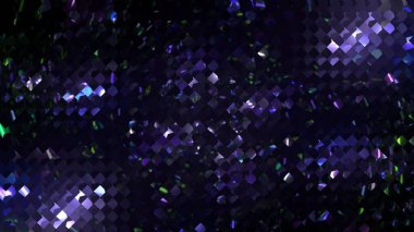 Karmaşık geometrik şekilli bir mozaiğin 3 boyutlu yansıması. Parçacıkların renk paleti ve çok renkli dalgalar. Çeşitli yaratıcı sunumlar için canlı bir arkaplan olarak kullanılabilir