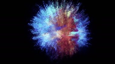 Animation of an explosion of colored particles on a black background in slow motion. Bright background for your video. Particles scattering in space